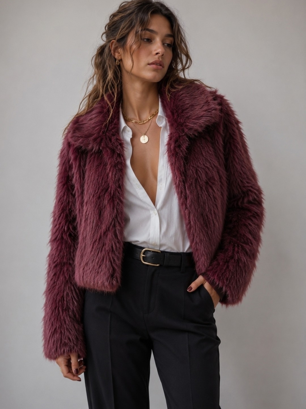 No Boundaries Burgundy Faux Fur Jacket NWT Hook Front Closure Glam Party Large